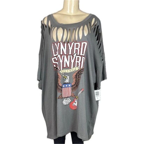 Lynyrd Skynyrd +6 Logo Gray Slashed Neck American Eagle Graphic 3/4 Sleeve Tee - Picture 2 of 6